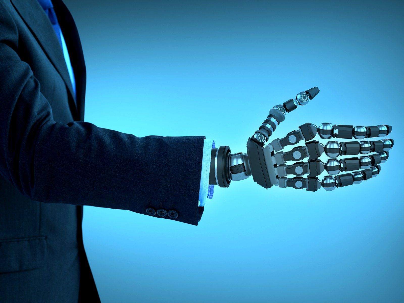 A robot arm offers a handshake